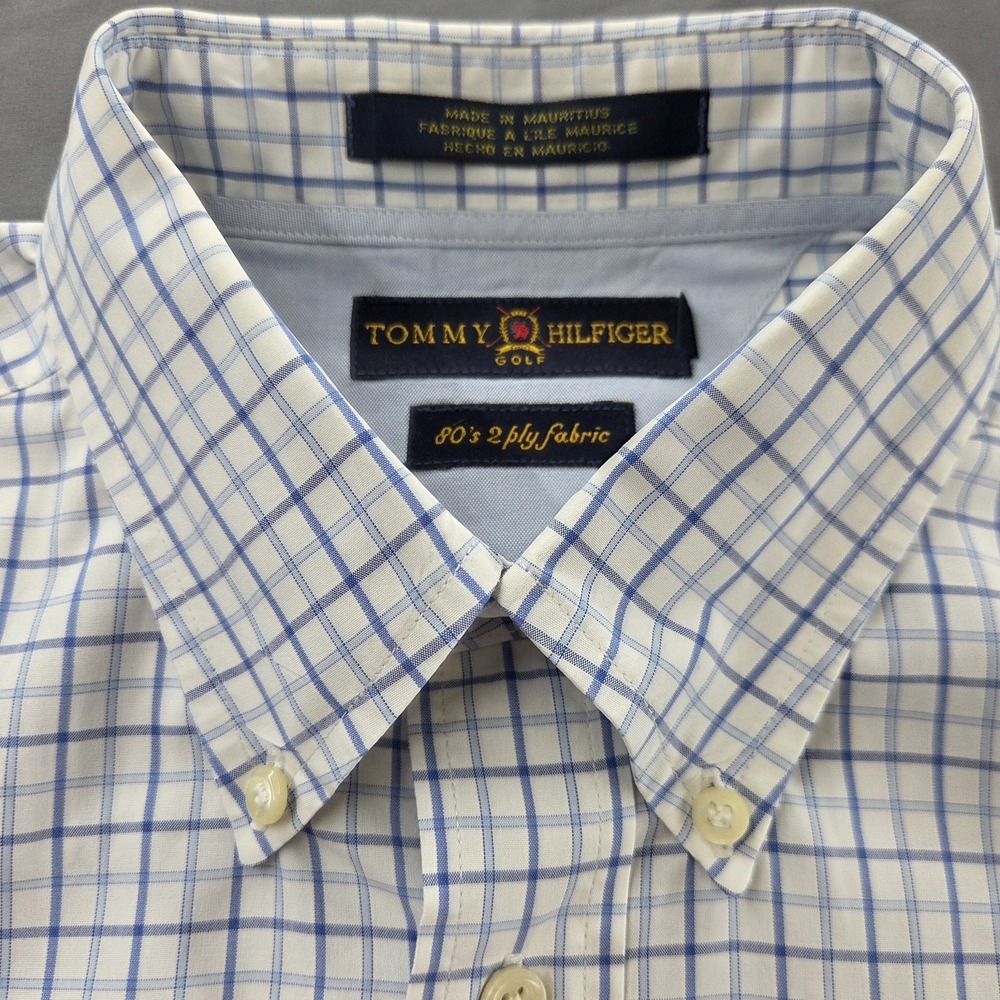 Tommy Hilfiger Mens L Blue Checked Short Sleeve Collared Button Up Shirt Preppy